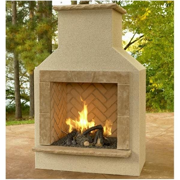 Outdoor Fireplace Arched Opening Wide Mantel Stacked Stone Facade