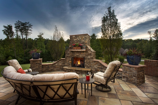 Outdoor Fireplace Arched Stone Masonry Covered Patio Fireplace Design