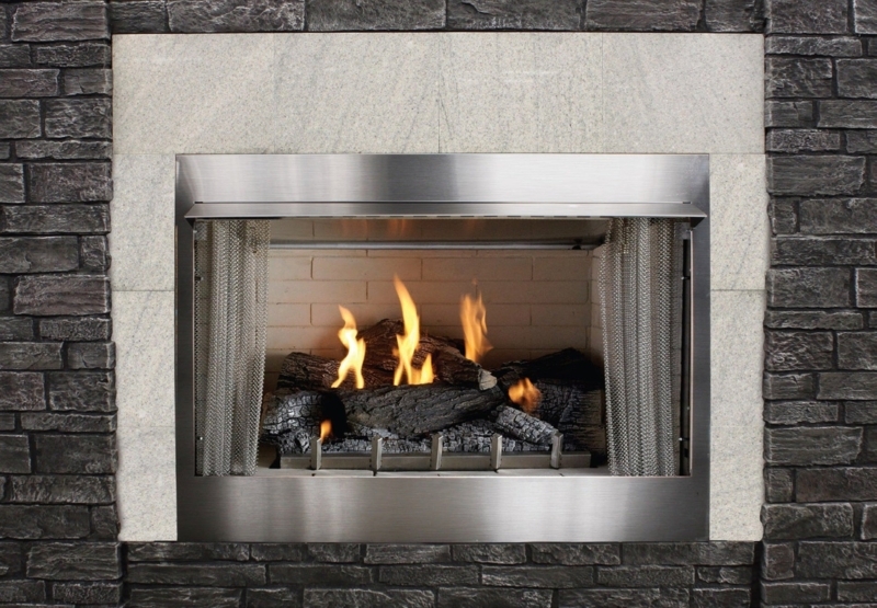 Outdoor Fireplace Built-in Gas Insert, Stacked Stone. Rustic.