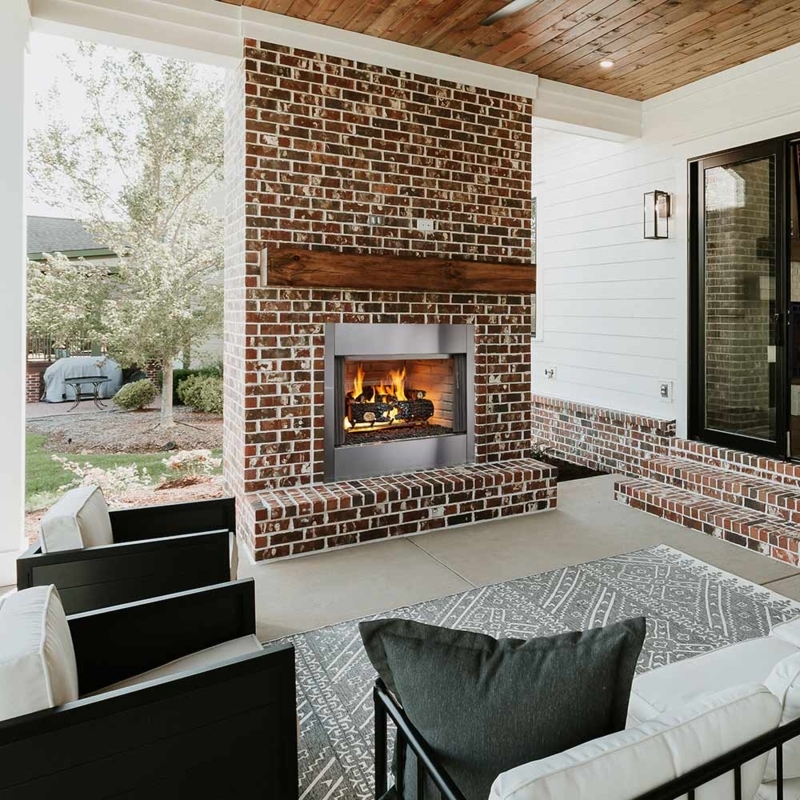 Outdoor Fireplace Built In Masonry Look Monochromatic Patio Hearth