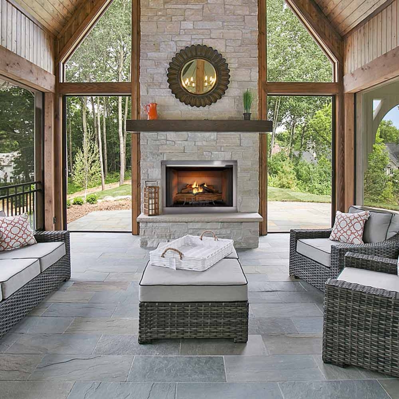 Outdoor Fireplace Built-in Panoramic Gas Firebox with Ledge Stone Surround