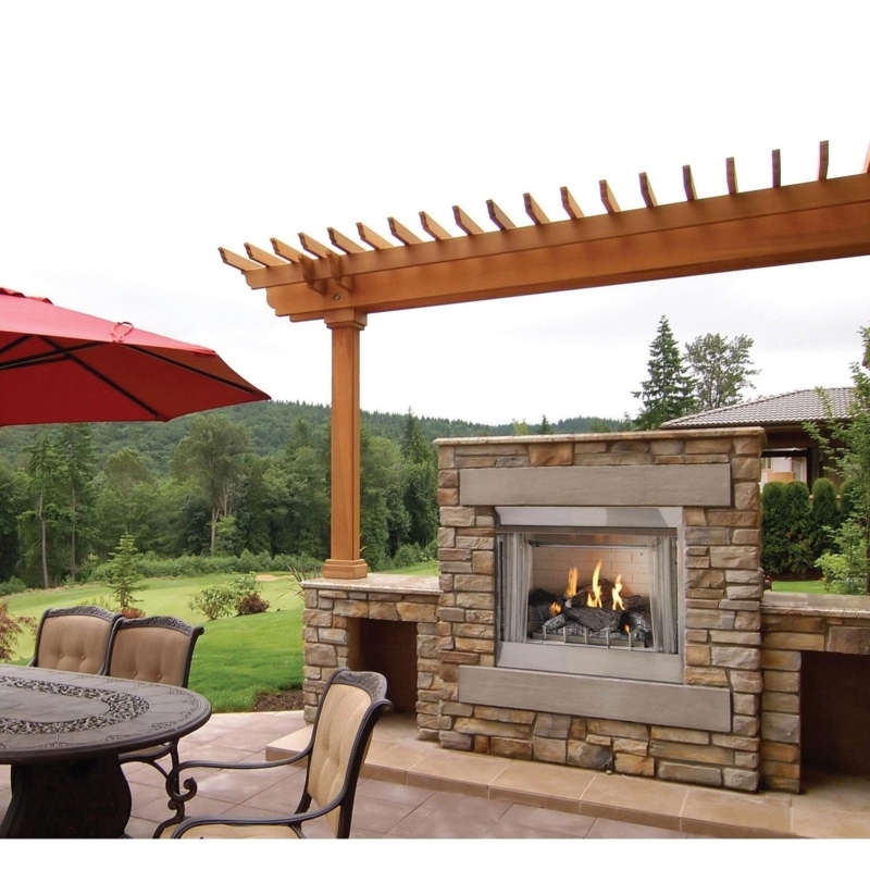 Outdoor Fireplace Built-In Stainless Steel Stacked Stone Wall