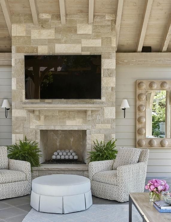 Outdoor Fireplace Cream Stacked Stone Built In Wood Storage Mantel