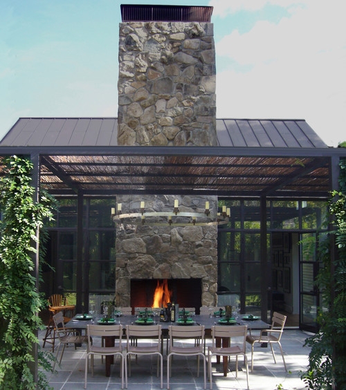 Outdoor Fireplace Fieldstone Structure, White Mantel, Porch Pergola