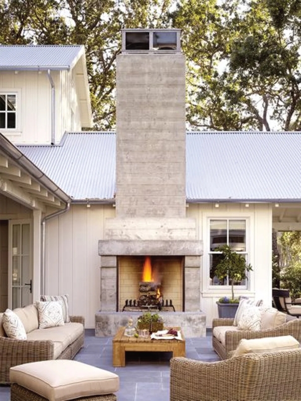 Outdoor Fireplace Floor-To-Ceiling Stone Covered Porch Layout