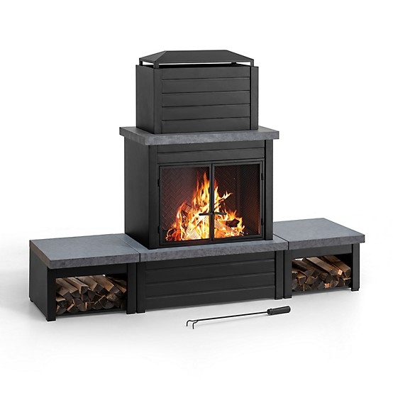 Outdoor Fireplace Full Mesh Enclosure Log Storage, Traditional Patio Heater