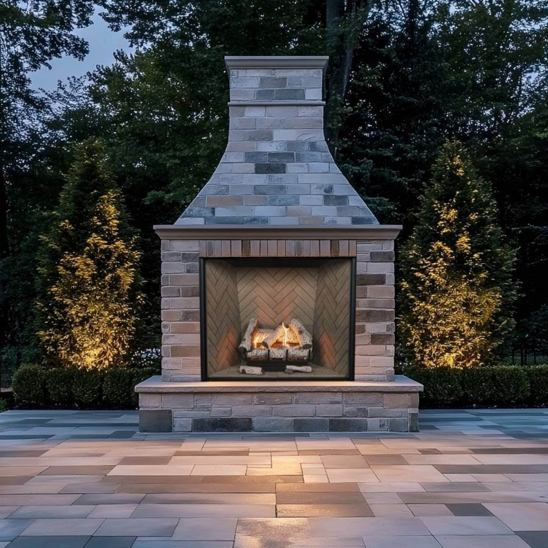 Outdoor Fireplace Glass Enclosed Hearth Modern Linear Ceramic Logs