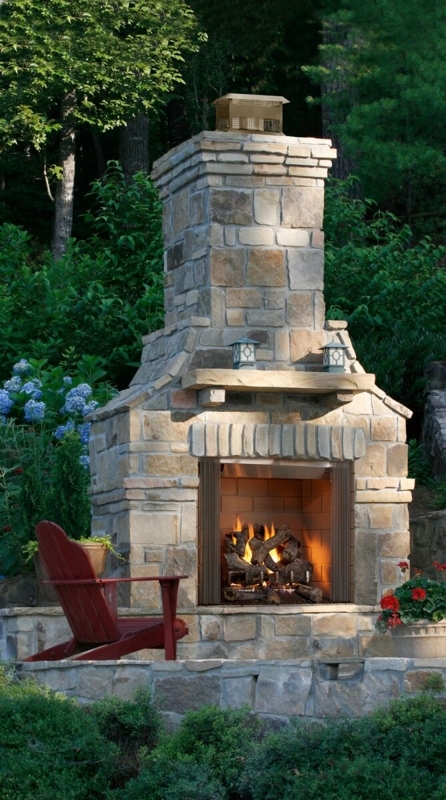 Outdoor Fireplace: Grand Stone Hearth with Wide Opening for Patio