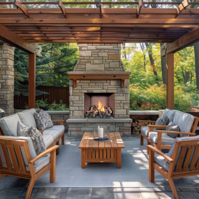 Outdoor Fireplace Herringbone Brick Liner Traditional Rustic Stone Clad