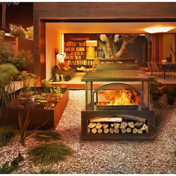 Outdoor Fireplace in Antique Brushed Bronze with Rectangular Metal Form