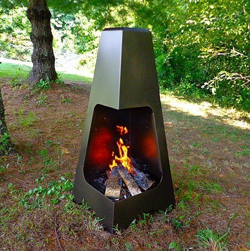 Outdoor Fireplace Industrial Pyramid Shape Matte Black Metal Chiminea