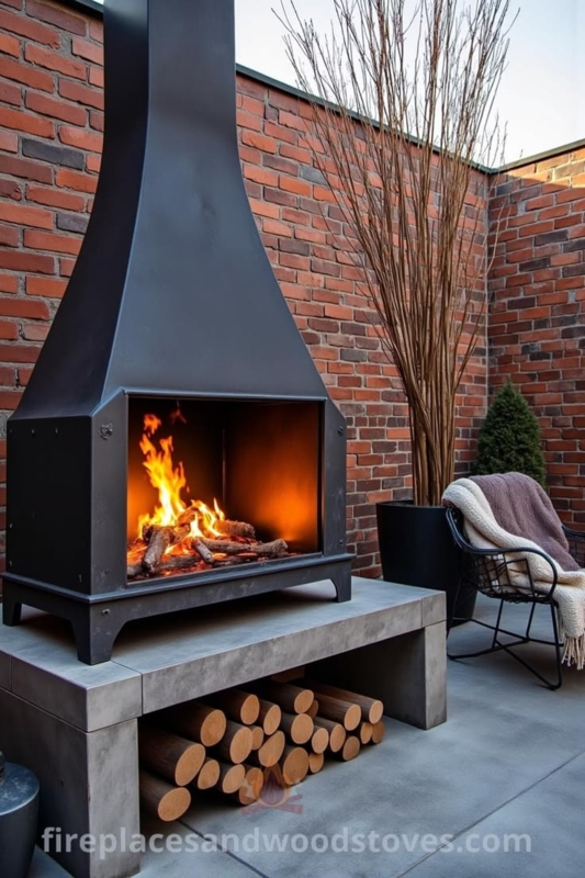 Outdoor Fireplace Industrial Steel Vertical Silhouette, Urban Balcony.