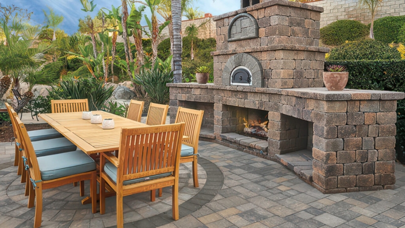 Outdoor Fireplace Integrated Seat Wall Arched Opening Mediterranean