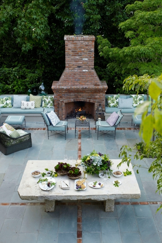 Outdoor Fireplace: Integrated Stone Hearth and Built-in Bench Seating