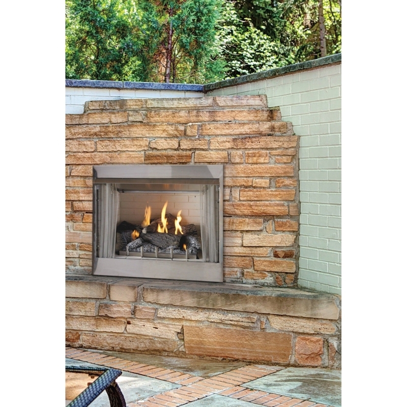 Outdoor Fireplace Integrated Stone Surround, Stainless Steel. Modern Patio.