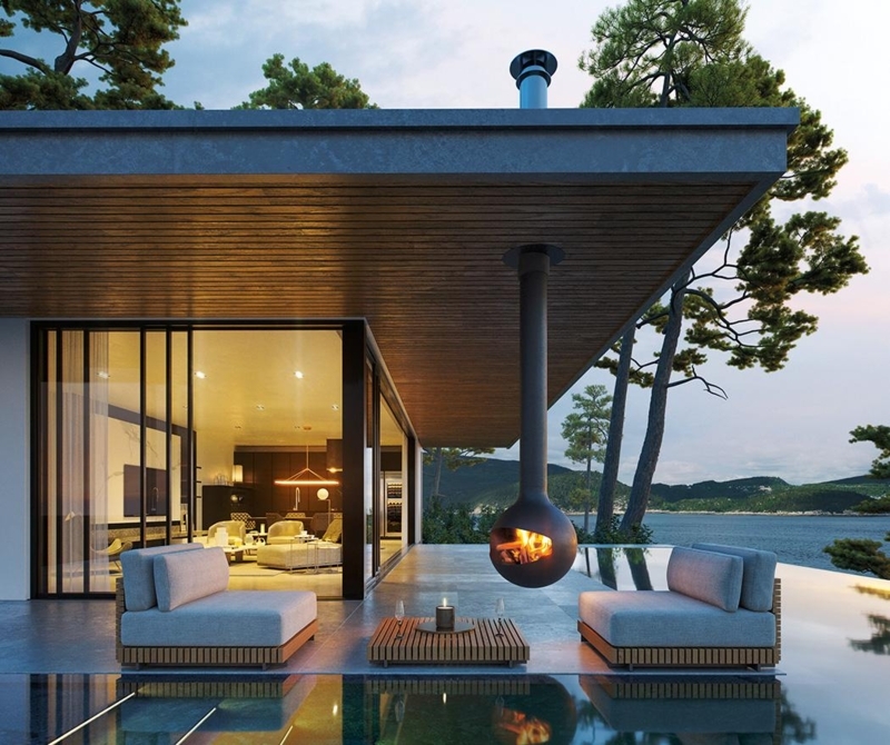 Outdoor Fireplace Integrated Stone Wall Modern Rustic Linear Burner