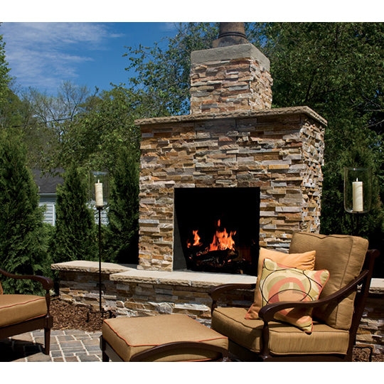 Outdoor Fireplace Integrated Wall Design Gray Masonry Tall Chimney