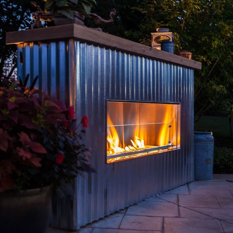 Outdoor Fireplace Linear Design Blue LED Accents Modern Patio