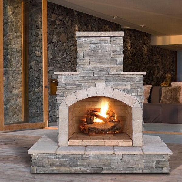 Outdoor Fireplace Linear Gray Stacked Stone Transitional Design