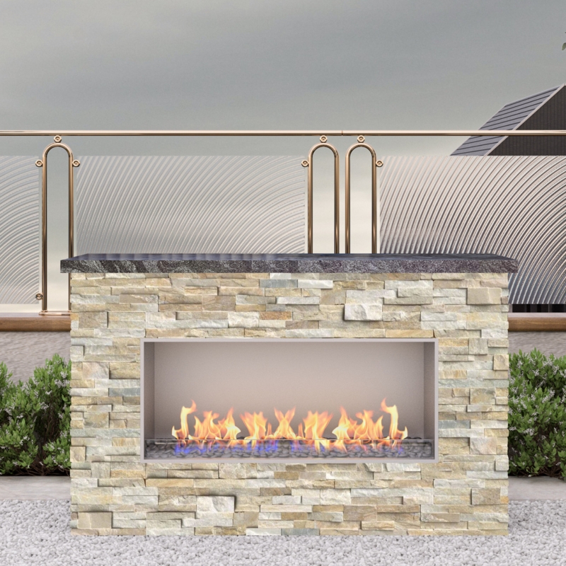 Outdoor Fireplace Linear Honey Gold Stacked Stone Poolside Design