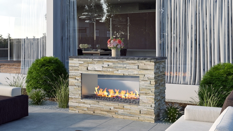 Outdoor Fireplace Linear See Through Design for Luxury Modern Pool Deck