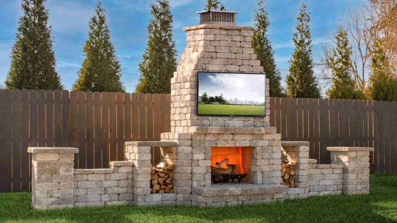 Outdoor Fireplace Masonry Construction with Over Mantel TV