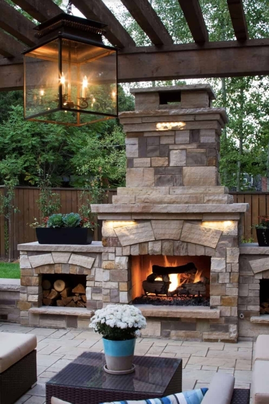 Outdoor Fireplace Massive Floor To Ceiling Stone Timber Beamed Patio
