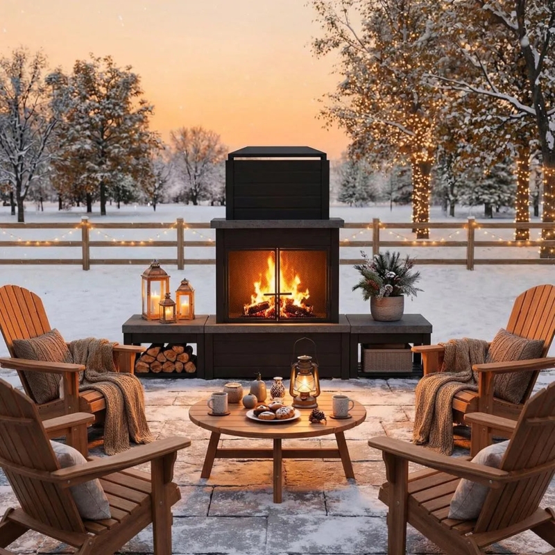 Outdoor Fireplace Mesh Screen Stone Like Finish Integrated Storage
