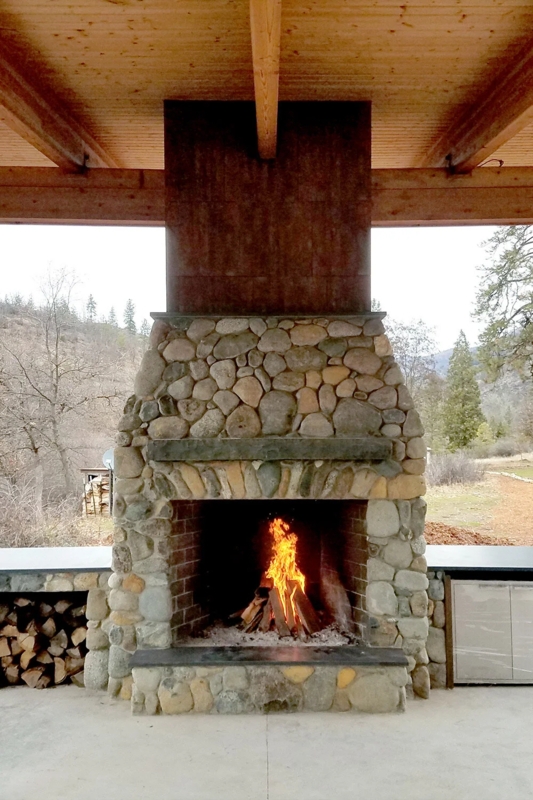 Outdoor Fireplace Modern Brushed Metallic Finish Covered Patio Design
