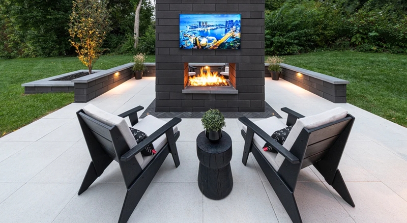 Outdoor Fireplace Modern Tiered Stone with Built-In Wood Niches