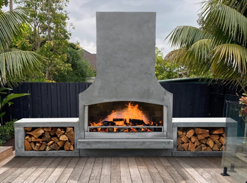 Outdoor Fireplace Monolithic Concrete Backyard Fireplace with Wood Storage