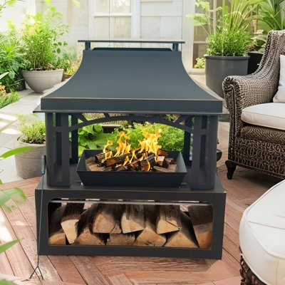 Outdoor Fireplace Pagoda Silhouette with Mesh Sides and Black Finish