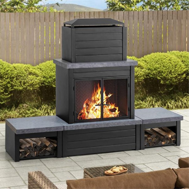 Outdoor Fireplace Peaked Roof Black Steel with Log Holder