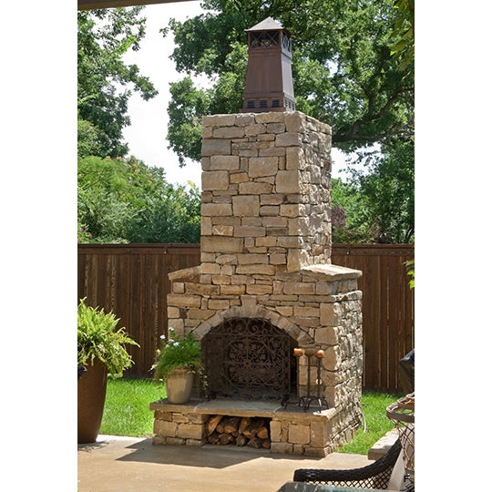 Outdoor Fireplace Rustic Arched Stacked Stone Integrated Mantel