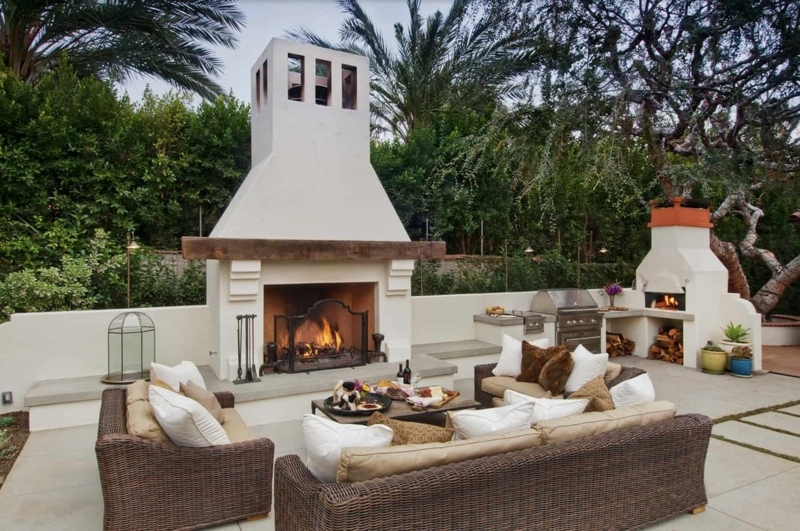 Outdoor Fireplace Rustic Floor To Ceiling Stone Timber Mantel Tv Hub