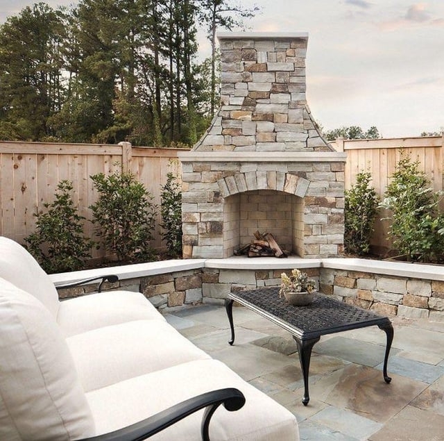 Outdoor Fireplace Rustic Stacked Stone Facade Integrated Wood Storage