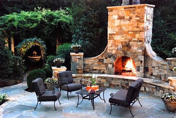 Outdoor Fireplace Rustic Stacked Stone Masonry Wood Vaulted Ceiling