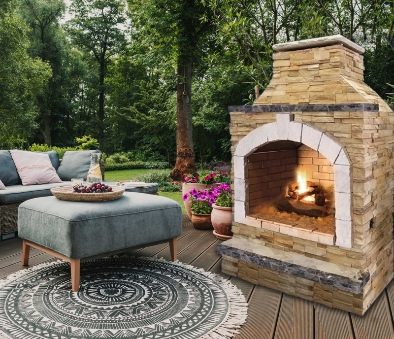 Outdoor Fireplace Rustic Stucco with Brick Hearth Inlay, Patio Design.