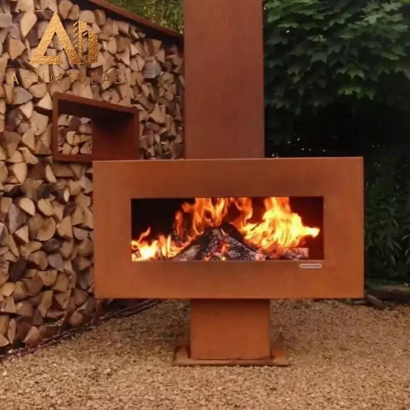 Outdoor Fireplace Sculptural Form Weathering Steel, Geometric Fire Feature