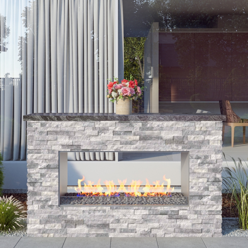 Outdoor Fireplace See Through Design Stacked Stone Texture Linear