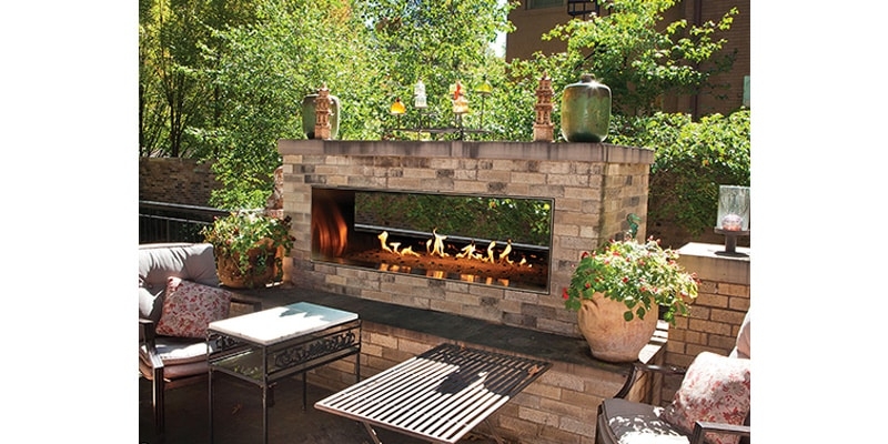 Outdoor Fireplace See-Through Glass, Linear Silhouette. Coastal Style.