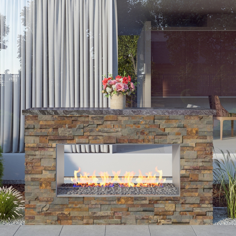 Outdoor Fireplace See-Through Linear Gas Stone Veneer Design