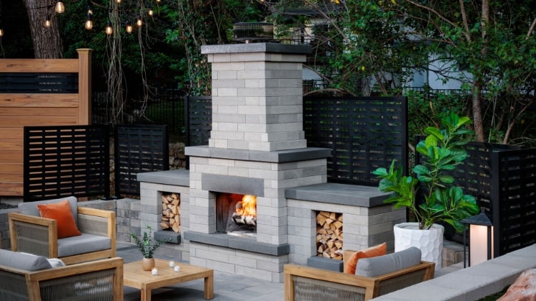 Outdoor Fireplace Smooth Modular Pavers Contemporary Matte Gray Stone