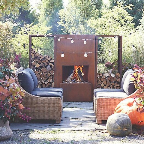 Outdoor Fireplace Square Base Weathered Steel, Rustic Garden Focal Point