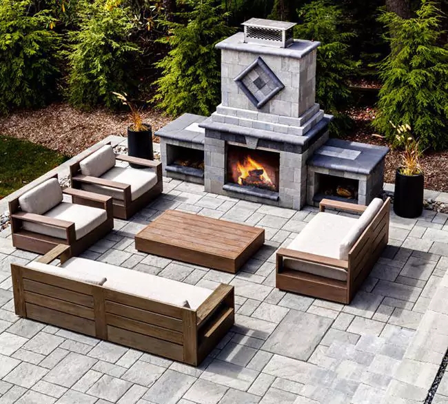 Outdoor Fireplace Stacked Block Construction with Integrated Mantel