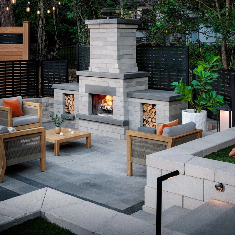 Outdoor Fireplace Stacked Masonry Veneer Dual Wood Nooks Gray Stone