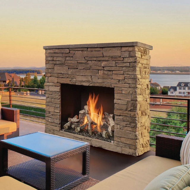 Outdoor Fireplace Stacked Stone Facade Traditional Tall Chimney
