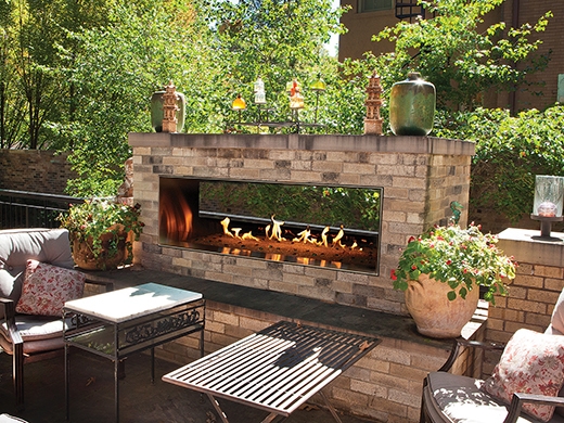 Outdoor Fireplace Stacked Stone Integration Contemporary See-Through