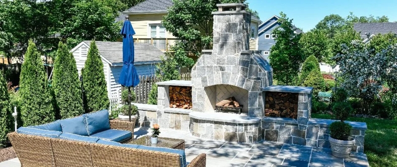 Outdoor Fireplace Stacked Stone Veneer Covered Patio Layout