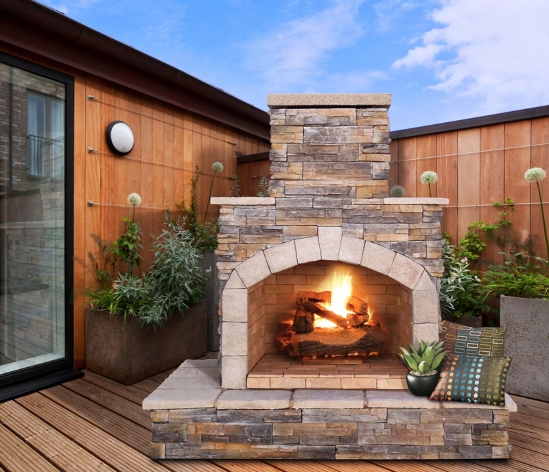 Outdoor Fireplace Stacked Stone Veneer Gas Powered Mantle Rustic